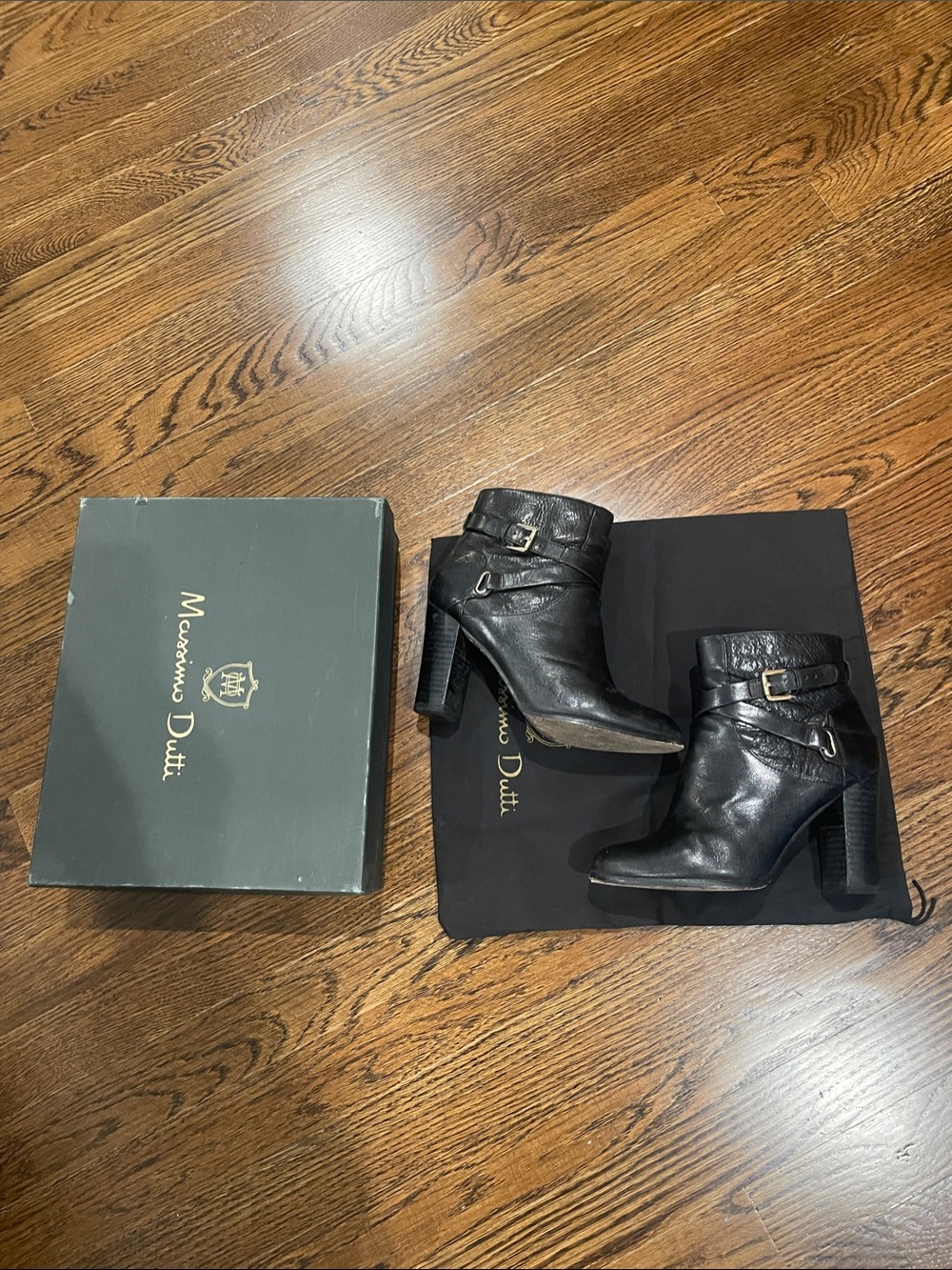 Massimo Dutti Black Leather Buckle Strap Ankle Boots